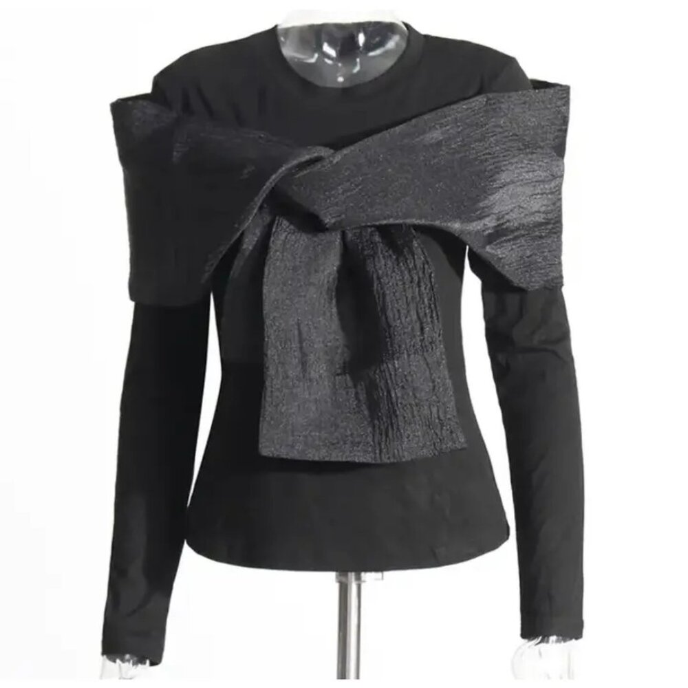 Women's Black Knit Bow Tie Long Sleeve Top